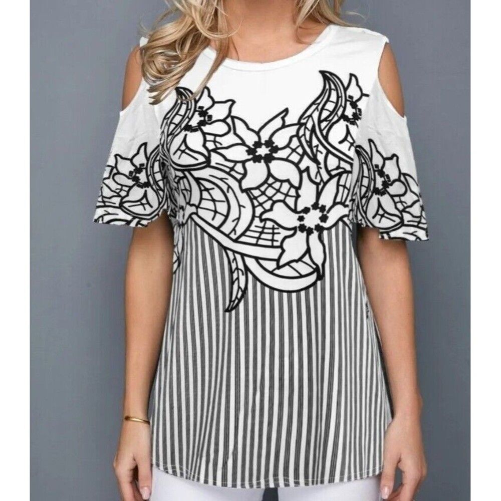 Rotita Womens Sz XL Cold Shoulder Flower Print Striped Blouse